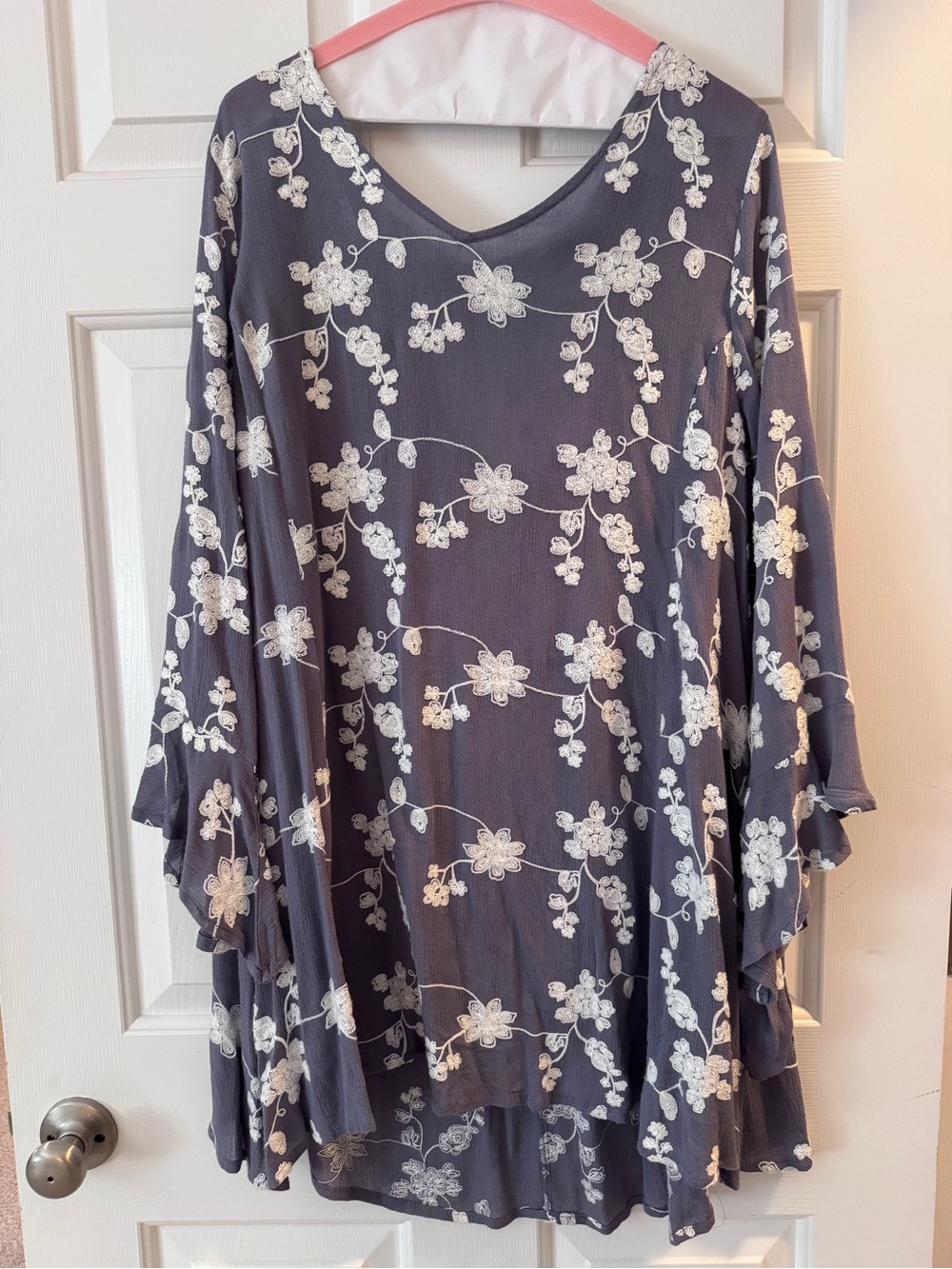 Altar'd State Charcoal Gray Floral Embroidered Long-Sleeve Dress